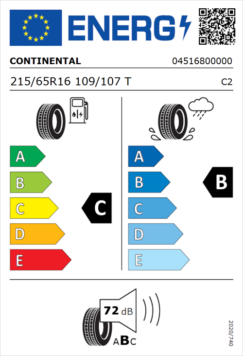 Tyre Label for Continental ContiVanContact 100 215/65R16 109/107T