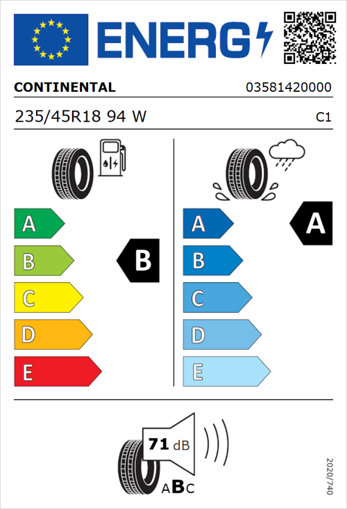 Tyre Label for Continental EcoContact 6 235/45R18 94W
