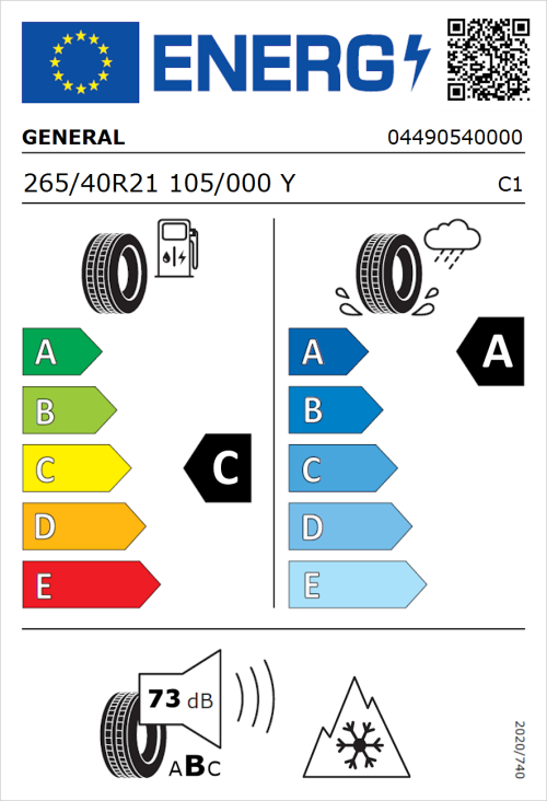 Tyre Label for General Grabber GT Plus 265/40R21 105/000Y