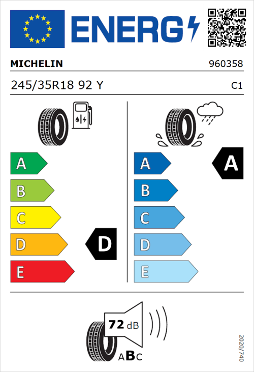 Tyre Label for Michelin Pilot Sport 4 (Zero Pressure) 245/35R18 92Y
