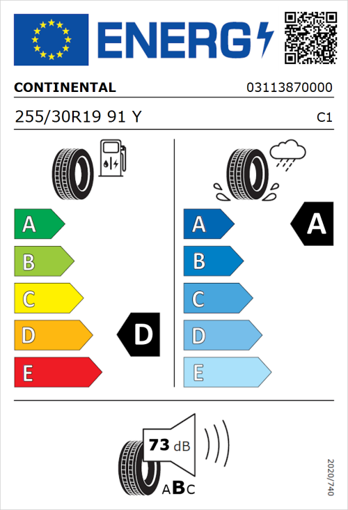 Tyre Label for Continental SportContact 7 255/30R19 91Y