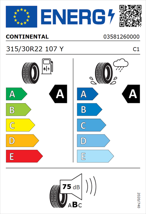 Tyre Label for Continental EcoContact 6 315/30R22 107Y