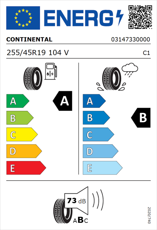 Tyre Label for Continental EcoContact 6 255/45R19 104V
