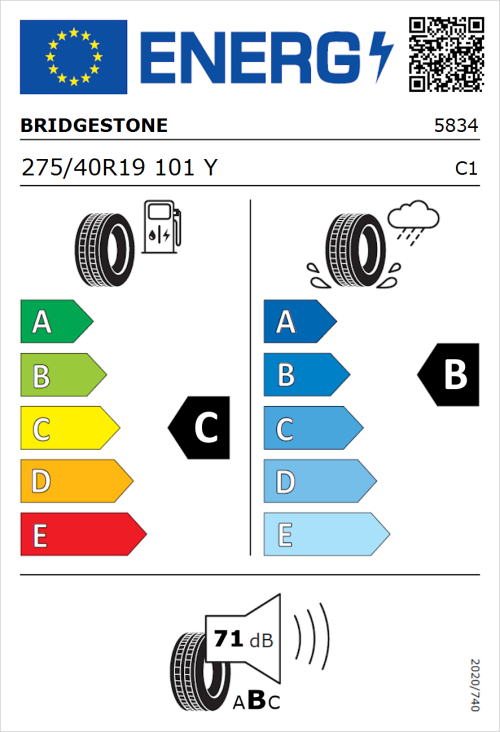Tyre Label for Bridgestone Potenza S001 275/40R19 101Y