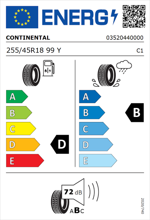 Tyre Label for Continental SportContact 2 255/45R18 99Y